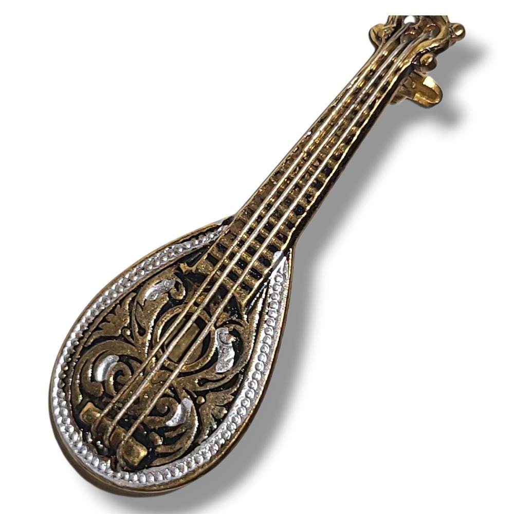 Vintage Damascene Mandolin Spanish Guitar‎ Brooch Pin Spain